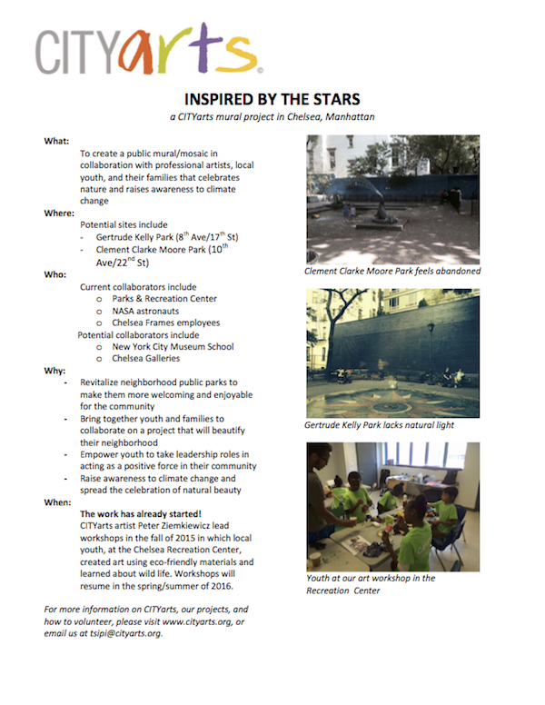 CITYarts Seeks Support for Chelsea Mural Projects 5 Residents were taken aback by the uninformed assertion made by this CITYarts flyer, which says the busy Clement Clarke Moore Park “feels abandoned.” Flyer courtesy CITYarts.