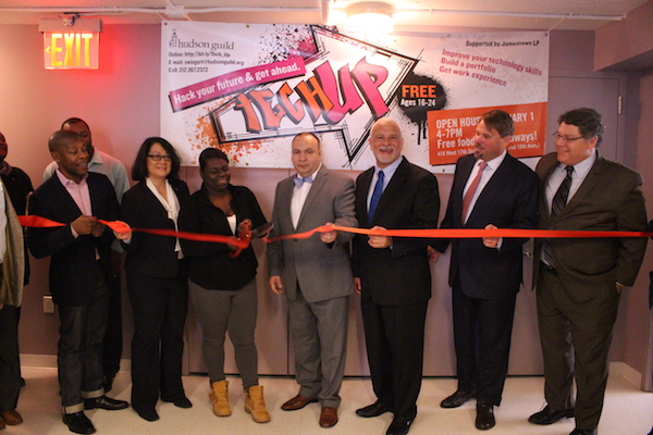 Tech Up Gives Teens Digital Direction 2 L to R: William Floyd, Head of External Affairs for Google New York; Minerva Tantoco, Chief Technology Officer of New York City; Tech Up student Priscilla Allen; Miguel Acevedo, President of the Fulton Houses Tenant Association; Michael Kelly, General Manager for NYCHA; Michael Phillips, CEO of Jamestown; Ken Jockers, Executive Director of Hudson Guild. Photo courtesy Hudson Guild.