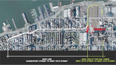 Plans for the Spur, designated here as Phase 2, is due to start late this year. | GOOGLE MAPS/ COURTESY OF FRIENDS OF THE HIGH LINE 