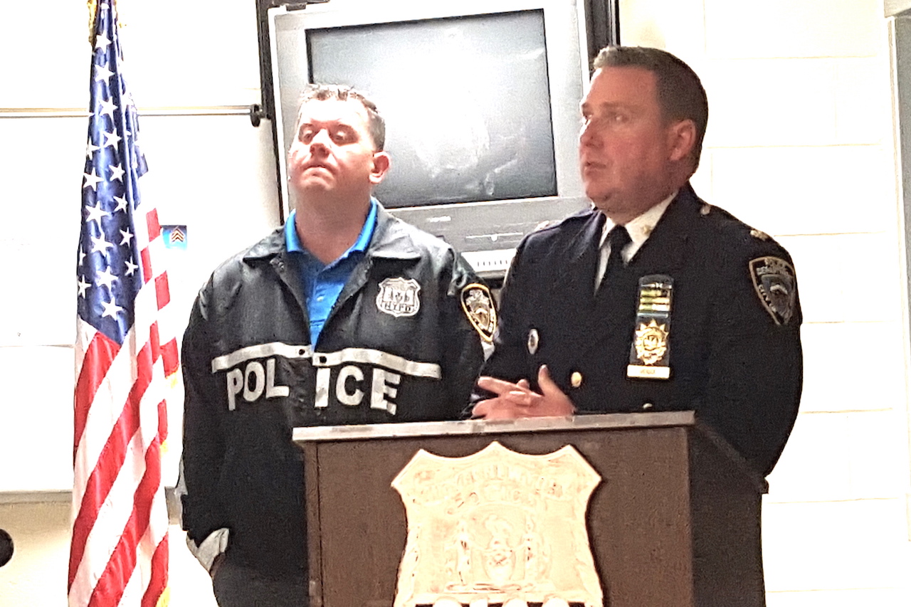 Crime is down in the East Village’s 9th Precinct 1 Deputy Inspector Peter Venice, right, had an encouraging report for the Ninth Precinct Community Council. Photo by Lucas Ropek