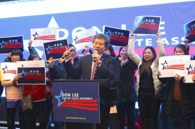 Don Lee, surrounded by supporters, announcing his campaign for Assembly on Jan. 25. Photos by Lincoln Anderson