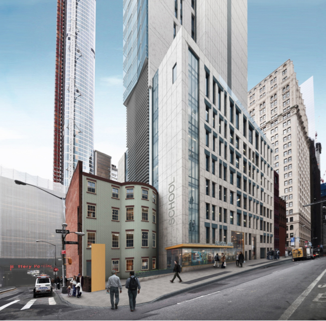 Overhang overruled: Fidi school design team sent back to drawing board 1 Rendering by FXFowle Architects Developers of the mixed-use tower and elementary school planned for the former Syms clothing store site on Greenwich St. unveiled their design for the project, which will incorporate the landmarked Dickey House.