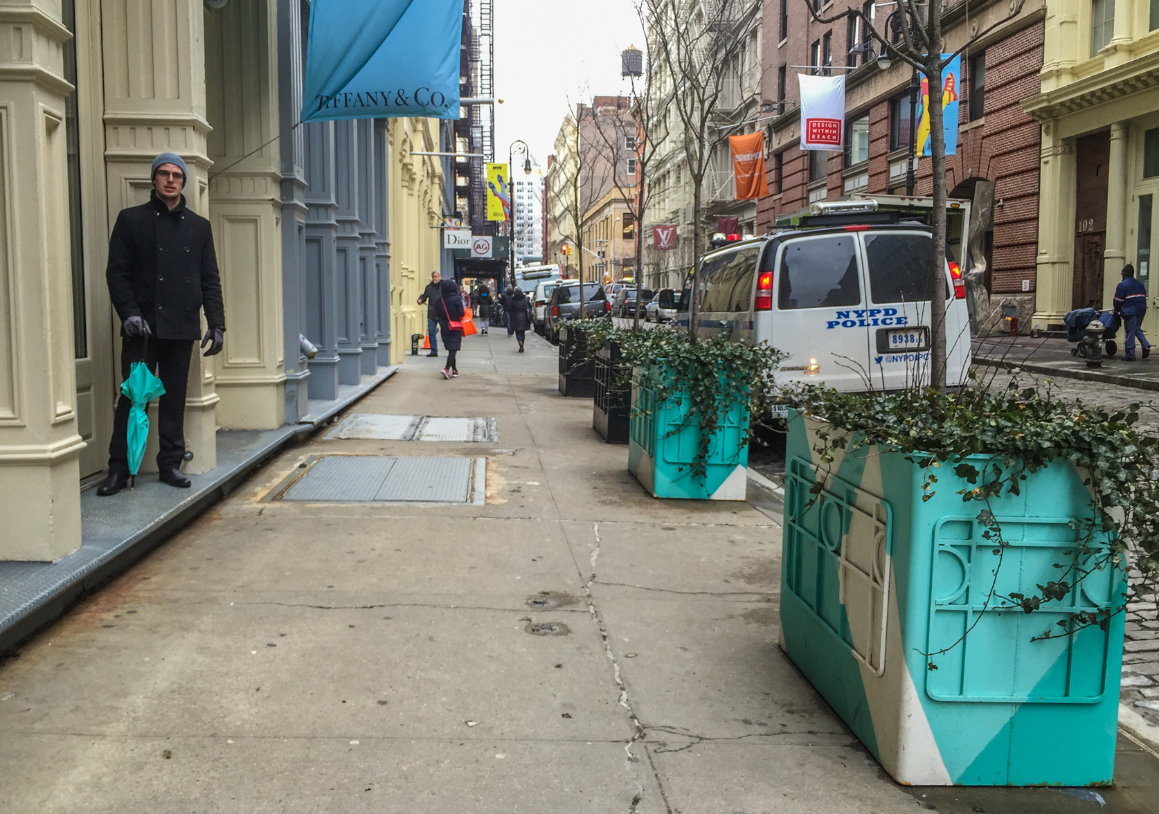 Custom-painted sidewalk planters outside the Tiffany & Co. store on Greene St.  Photo by Tequila Minsky