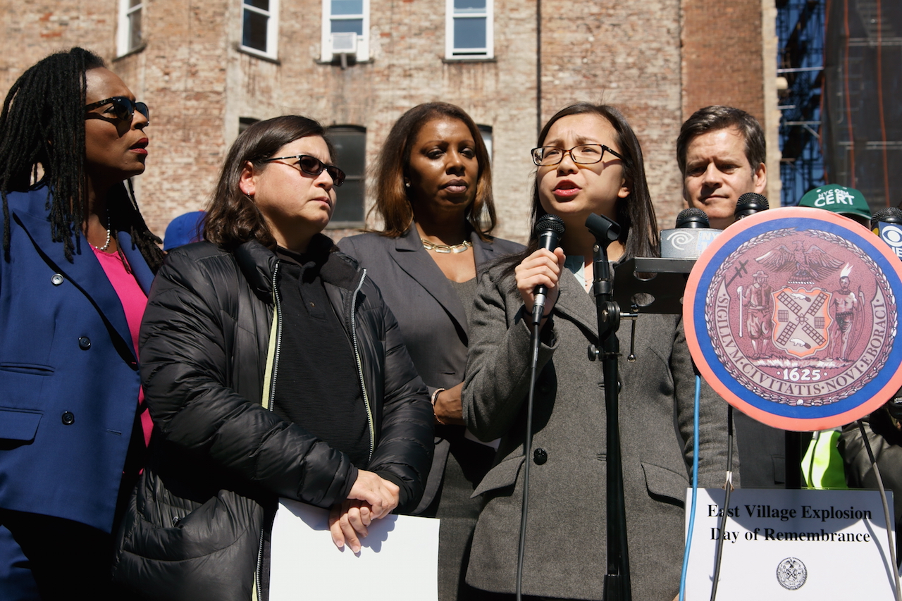 Gigi Li, chairperson of C.B. 3, spoke at the press conference, with, from left, Reverend Jacqui Lewis of Middle Collegiate Church, Public Advocate Letitia James, state Senator Brad Hoylman and  Photo by Patrick J. Eves