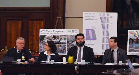 DOT Commissioner Polly Trottenberg is joined by the NYPD’s Times Square Unit commanding officer, Captain Robert O’Hare, Jeffrey Lynch, the DOT’s assistant commissioner for intergovernmental and community affairs, and Michael Paul Carey, the executive director of the office of Citywide Event Coordination Management, at the March 30 Council hearing. | JACKSON CHEN 