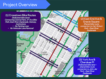 Resistance Mounts to DOT’s East Side Bike Lanes 1 The three pairs of Upper East Side bike lanes proposed by the city’s Department of Transportation. | NYC DOT