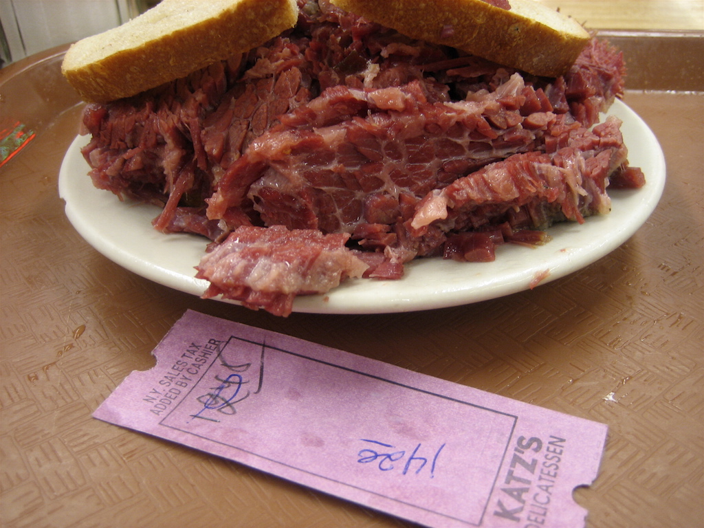 A Katz’s corned beef sandwich with a ticket. Enjoy the sandwich — but better not lose the ticket!