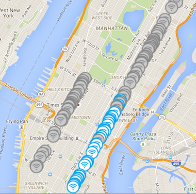 Turning Wi-Fi On Citywide 1 Working kiosks, shown in blue, are already in place along Third Avenue, with other phase one kiosks, shown in gray, going online on both Third and Eighth Avenues. | LINK.NYC