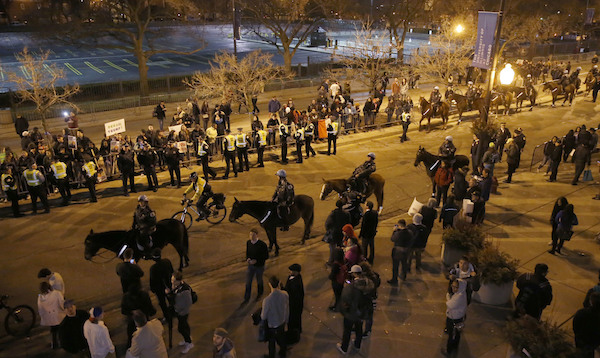 No ducking Donald 3 A terrifying collection of “bad dudes and professional thugs” descended upon the University of Illinois-Chicago campus, forcing Donald Trump to “postpone” his rally. AP photo by Charles Rex Arbogast.