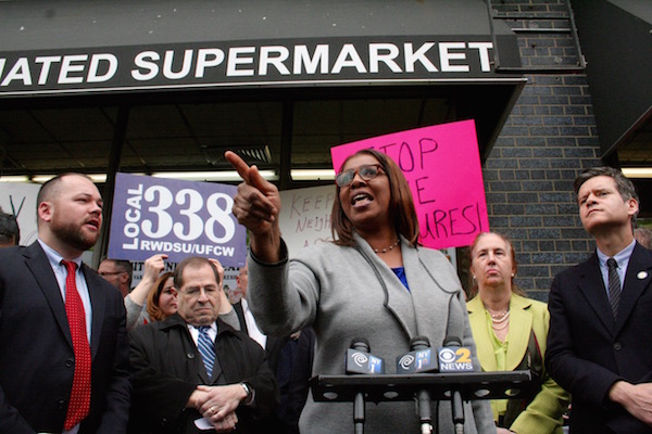 Loyal Customers Rally, as Supermarket Faces Lethal Lease 7 The crowd rallied around elected officials from the neighborhood and across the city, at a protest against the closure of the Associated supermarket at 255 W. 14th St. Left to right: City Councilmember Corey Johnson, Congressman Jerrold Nadler, Public Advocate Letitia James, Manhattan Borough President Gale Brewer and State Senator Brad Hoylman. Photo by Yannic Rack.