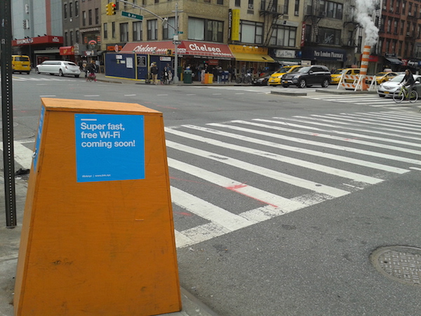 LinkNYC Hotspots Dot Eighth Ave. 2 This orange pylon, at the corner of W. 23rd St. & Eighth Ave., indicates the future home of a LinkNYC hotspot. Photo by Scott Stiffler.