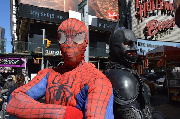City Council Contemplates Corralling Times Square Characters 1 Spider-Man and the Dark Knight, aka Abdelamine El Khezzani and José Escalona-Martinez, in Times Square. Photo by Jackson Chen.