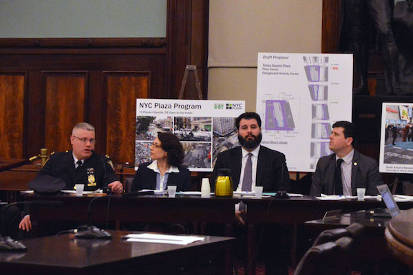 City Council Contemplates Corralling Times Square Characters 3 L to R: The NYPD's Times Square Unit Commanding Officer, Captain Robert O'Hare, DOT Commissioner Polly Trottenberg, DOT Assistant Commissioner for Intergovernmental and Community Affairs Jeff Lynch, and Executive Director of Citywide Event Coordination Management, Michael Paul Carey. Photo by Jackson Chen.