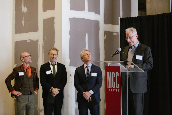 MCC Theater Heading to a Home in Hell’s Kitchen 2 At a Mar. 22 groundbreaking ceremony, MCC’s leadership toured the raw space, which will open in time for the 2018-19 season. L to R: Artistic Directors William Cantler and Bernard Telsey, Executive Director Blake West, and Artistic Director Robert LuPone. Photo courtesy MCC Theater.