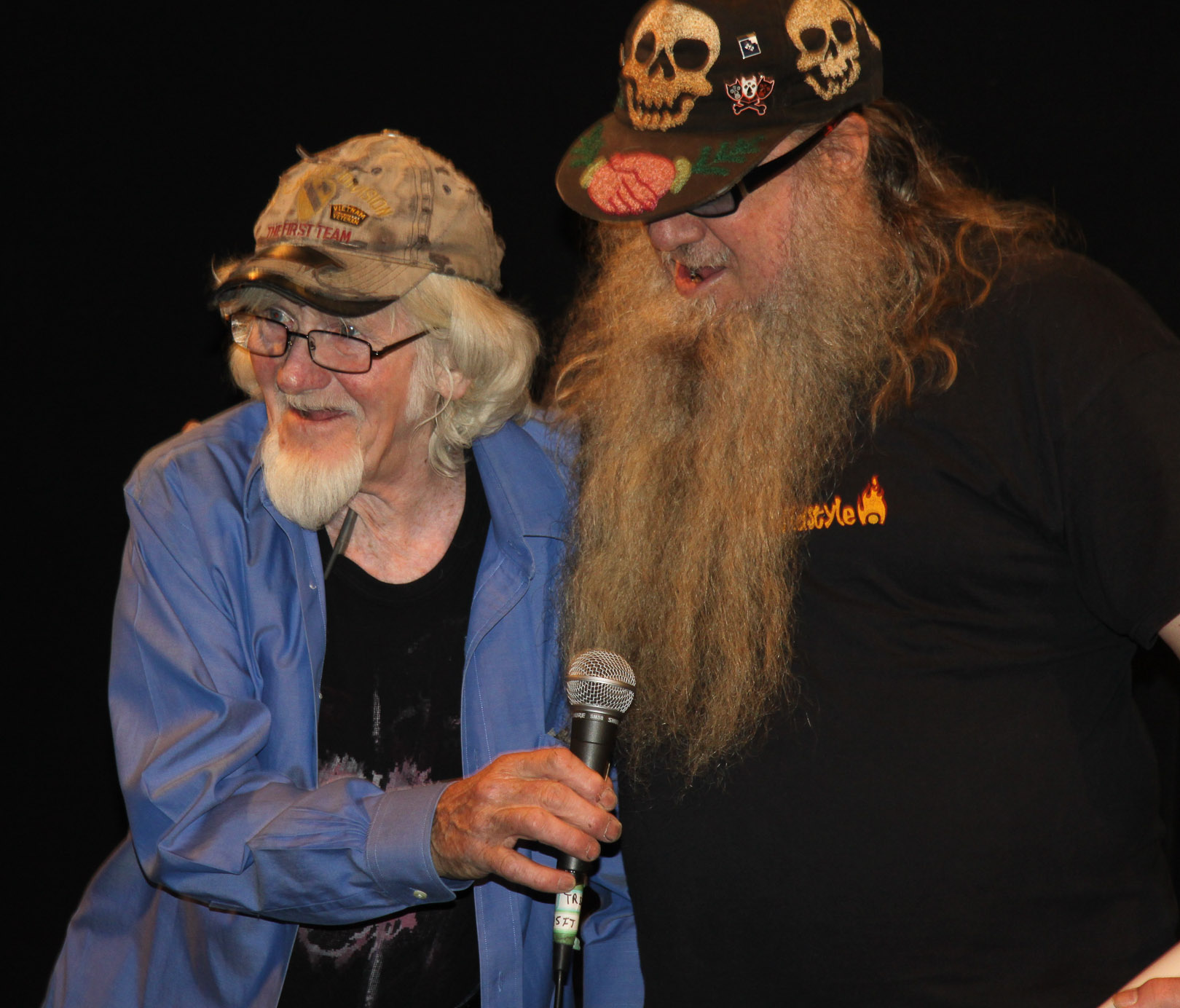 Jim Power, the Mosaic Man, left, was honored by Clayton Patterson at last year’s Acker Awards for defiant avant-garde artists, held at Theatre 80 on St. Mark’s Place.    Photo by Tequila Minsky