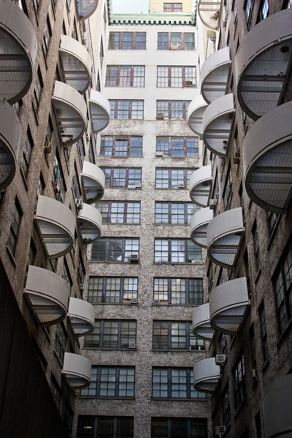 The Westbeth interior courtyard, showing the balconies designed by Richard Meier as part of the 1967-70 conversion.  Photo by Bob Esteremera, courtesy of G.V.S.H.P.