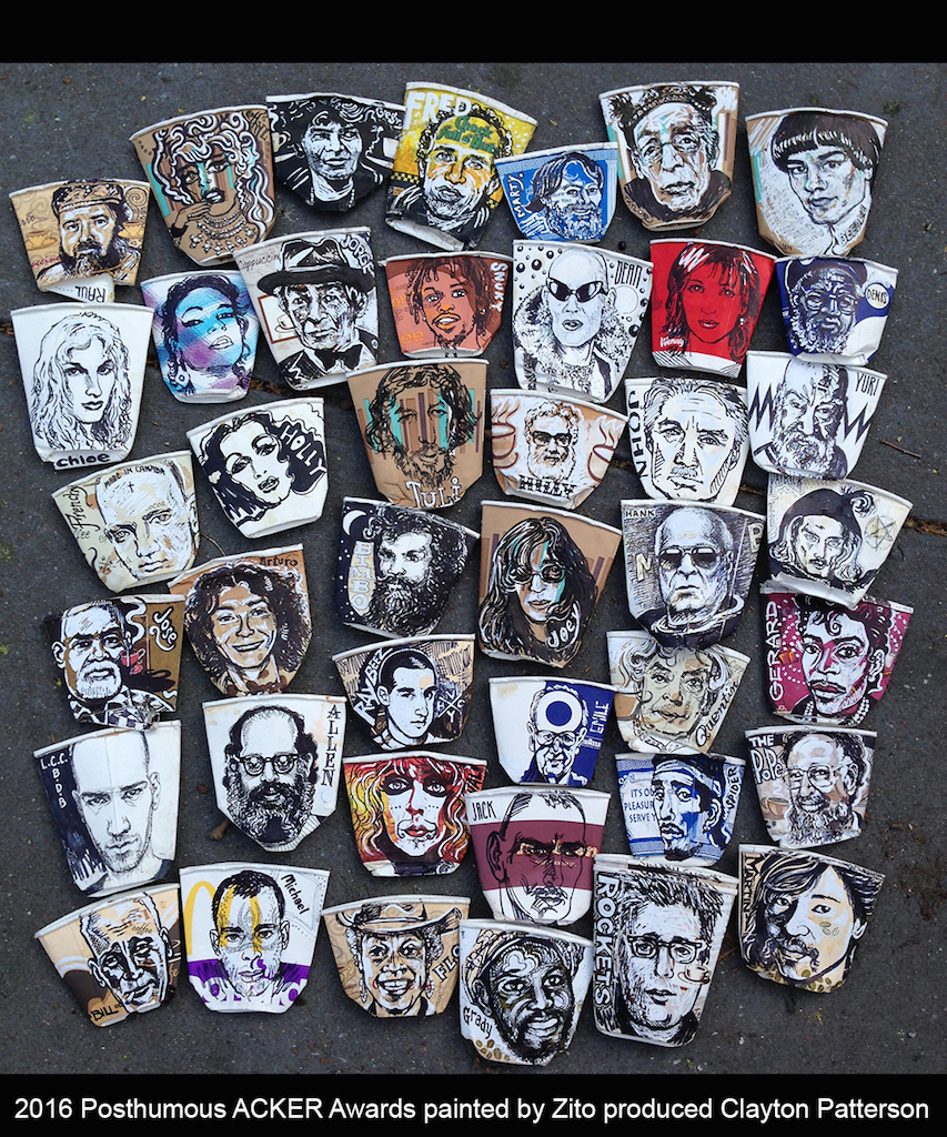 This year’s Acker Awards will also include posthumous honorees — seen painted on discarded coffee cups by Zito, above — including the likes of Holly Woodlawn, Flo Kennedy, Bimbo Rivas, Joey Ramone, Allen Ginsberg, Rockets Red Glare, The Pope of Pot and many more. 