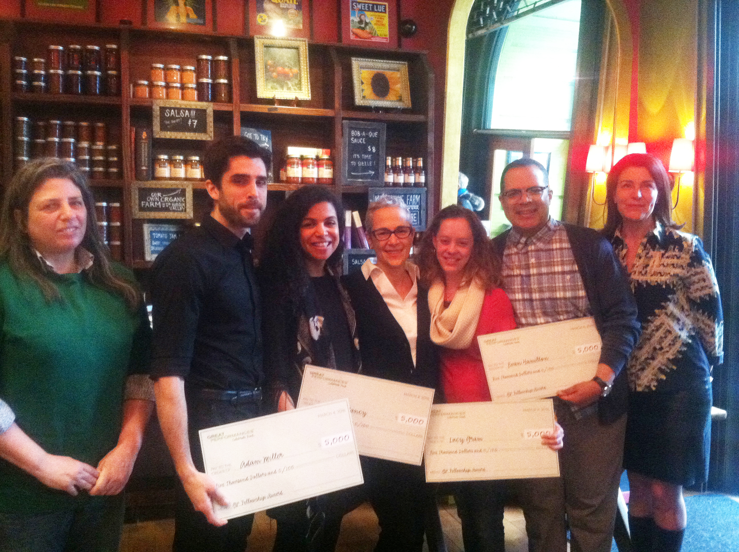 Feeding starving artists: Catering company gives arts grants to employees 1 Photo by Colin Mixson From left, judge and novelist Jean Hanff Korelitz, award winners Adam Miller and Kristin Yancy, Great Performances Caterers founder Liz Neumark, award winners Lucy Gram and Evan Edwards, and judge Diana Roesch DiMenna at the catering business’s annual grant-award ceremony for its artistic employees.