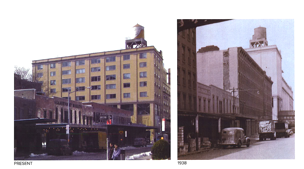 A page from BKSK architects’ application for the development project for 46 to 74 Gansevoort St. showing the block front at present, left, and in 1938, right, when five-story tenement-style buildings still stood at the block’s western end. Today, all that remains are two- and one-story structures.