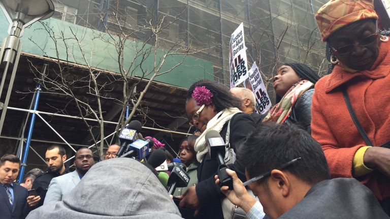 Hertencia Petersen, Akai Gurley's aunt, stands outside of the Brooklyn district attorney's office on Thursday, March 24, 2016, one day after DA Ken Thompson recommended house arrest and probation for former officer Peter Liang, in lieu of jail time.
