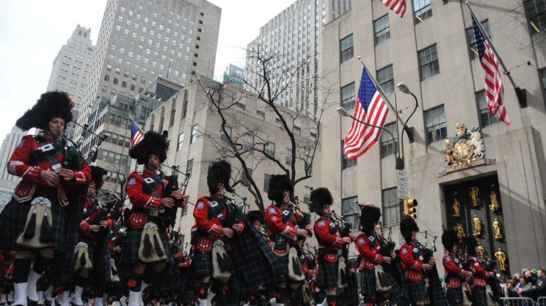 FDNY bagpipers perform at the New York City St. Patrick's Day Parade on March 17, 2016.