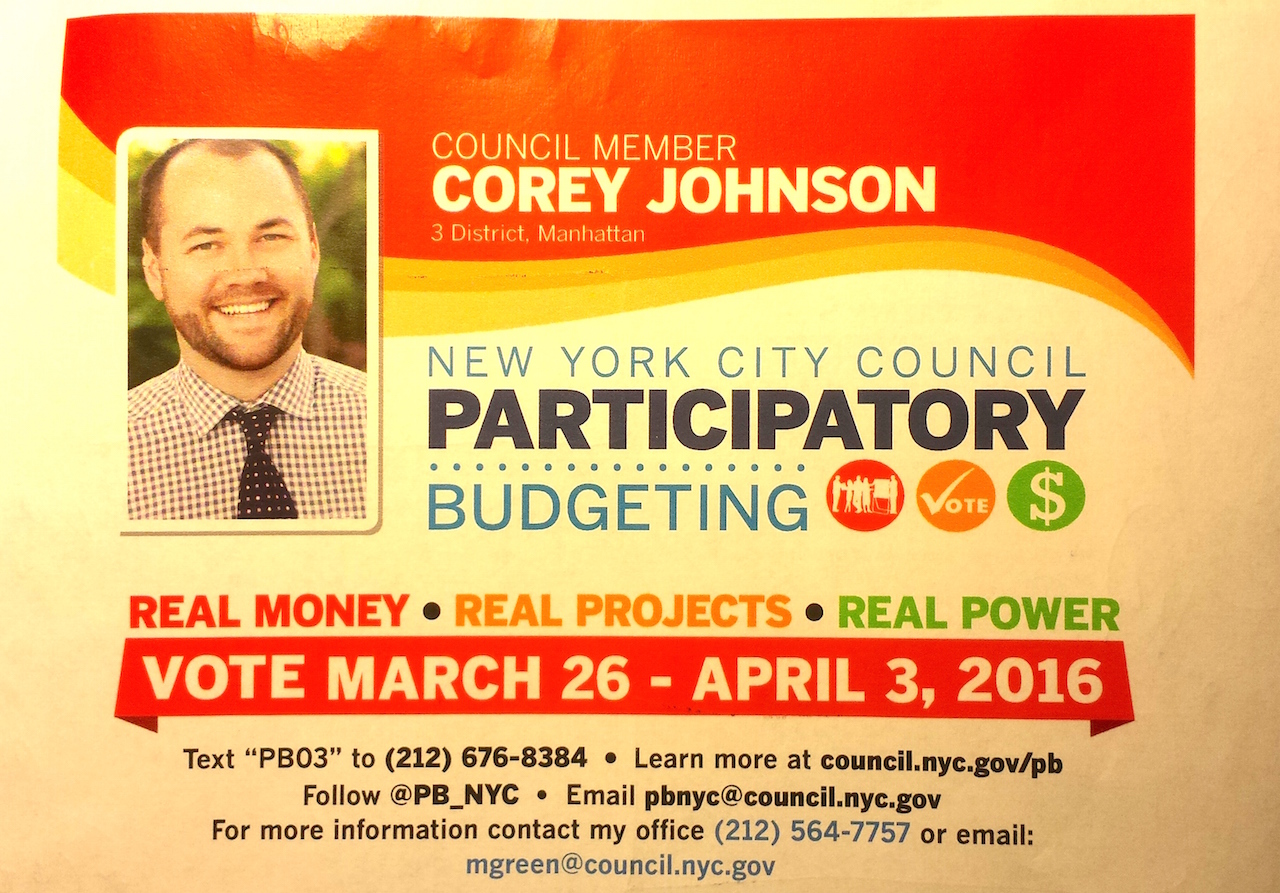 Participate in participatory budgeting! Vote on local projects 1 Councilmember Corey Johnson is once again offering voters the chance to do participatory budgeting on a range of projects in his District 3.