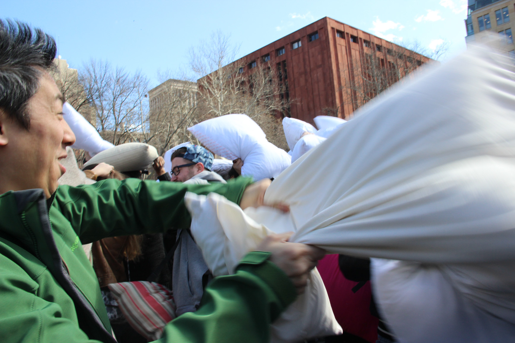 Pillow fighters flailed and whomped away at last year’s melee in Washington Square Park.  File photo by Tequila Minsky