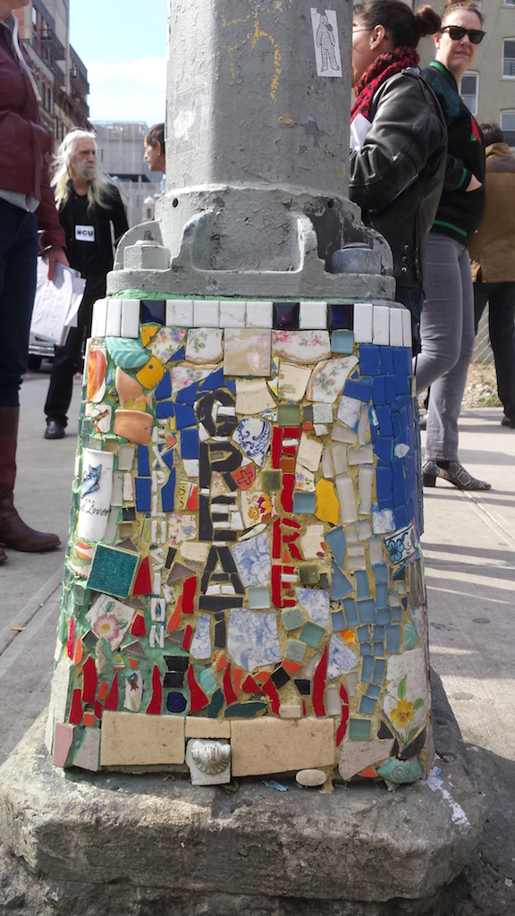 The "Mosaic Man"'s "Fire Pole" at E. Seventh St. and Second Ave.  Photo by Scoopy