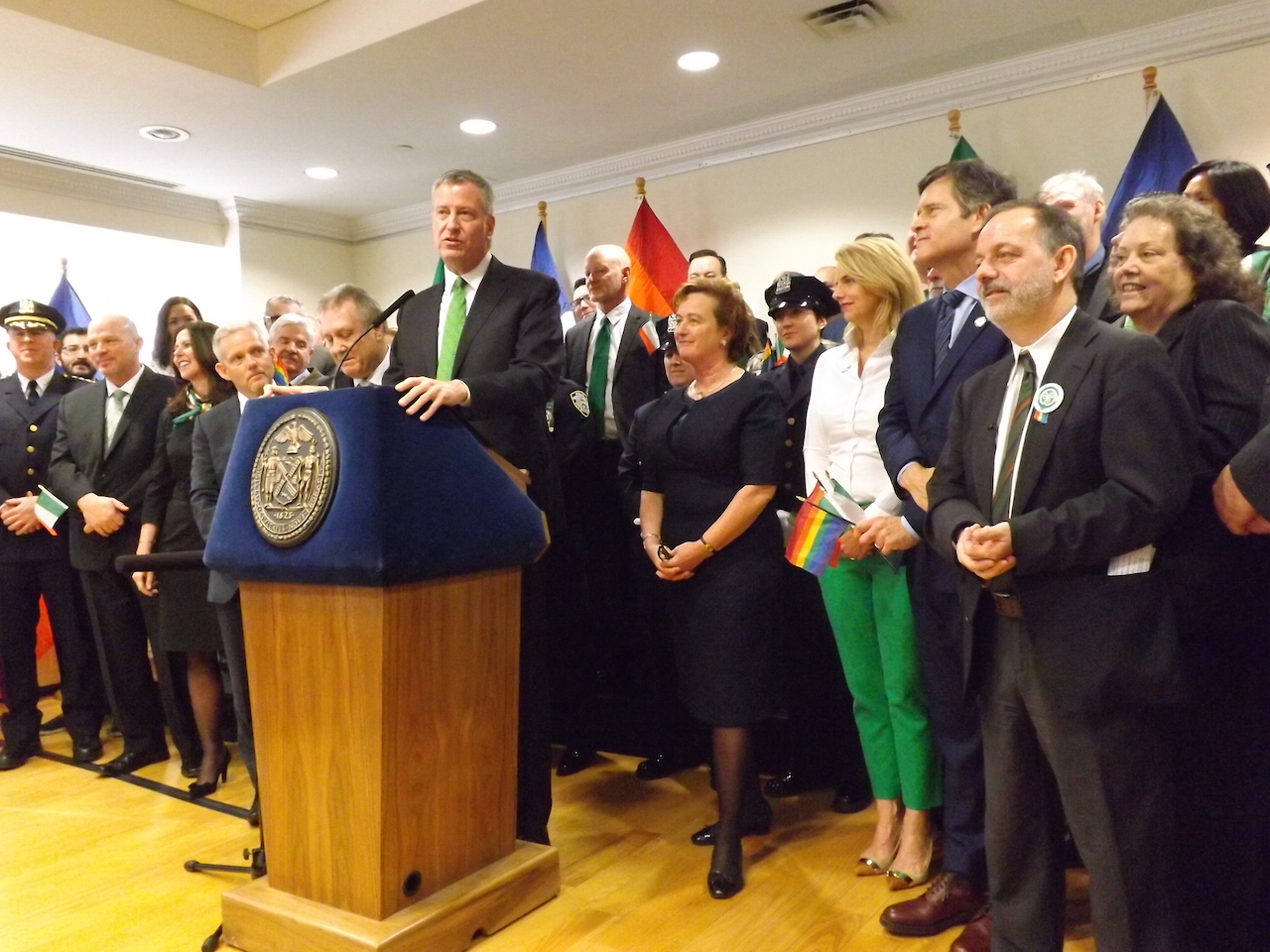 Announcing the news at the Irish Consulate on Park Ave., Mayor Bill de Blasio was joined by Barbara Jones, the Irish consul general to New York, to the right of the mayor, and activist Brendan Fay, far right.   Photo by Duncan Osborne