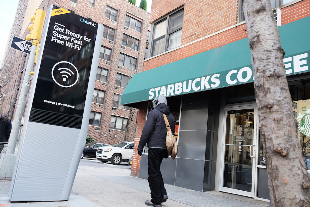 A new Link NYC high-speed router on Third Ave. near E. 15th St. shortly after its installation in January.  Villager file photo by Jonathan Alpeyrie