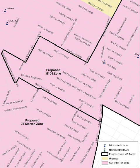 A recently released map showing the proposed middle school zoning that C.E.C. 2 is set to vote on next Tuesday. Families living in the notch extending into the West Village would be zoned for Baruch College Campus High School on the East Side. 