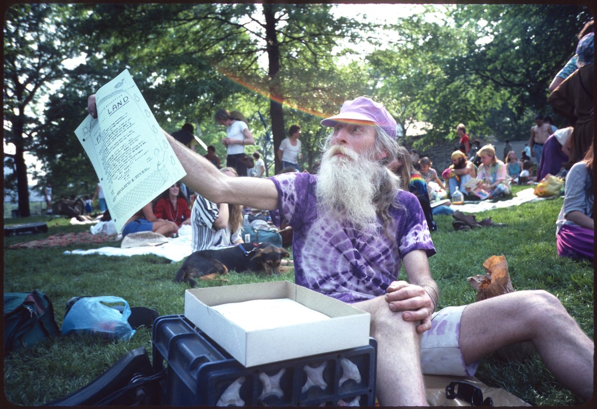 Two decades after his release from prison in Australia, Adam Purple handed out his fliers at the Rainbow Family Picnic in Central Park in 1986.   Photo by Carl Hultberg