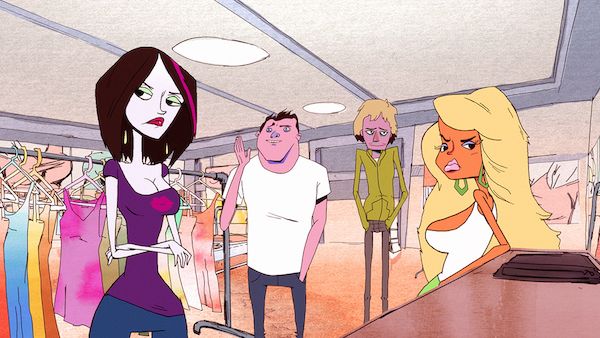 Run to, run from: Egan takes on TFF 4 L to R: Sally (Kate Micucci), John (Paul Rudd), Elliot (Patton Oswalt) and Linda (Riki Lindhome), the idiots of “Nerdland.” Courtesy Titmouse Inc.