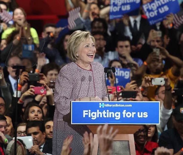 Hillary Clinton giving her victory speech after winning the New York primary.  Photo by William Alatriste