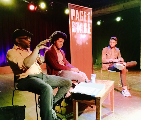Trading fours at Page Meets Stage 1 L to R: Tyehimba Jess and Nkosi Nkululeko, interviewed by guest host Steven Willis. Photo by Taylor Mali.