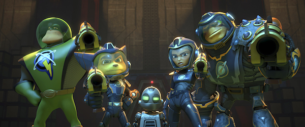 ‘Ratchet & Clank’ Film is Goofy Fun for PlayStation Fans 2 L to R: Jim Ward as the voice of Captain Qwark, James Arnold Taylor as the voice of Ratchet, David Kaye as the voice of Clank, Bella Thorne as the voice of Cora, and Vincent Tong as the voice of Brax. Courtesy Gramercy Pictures.
