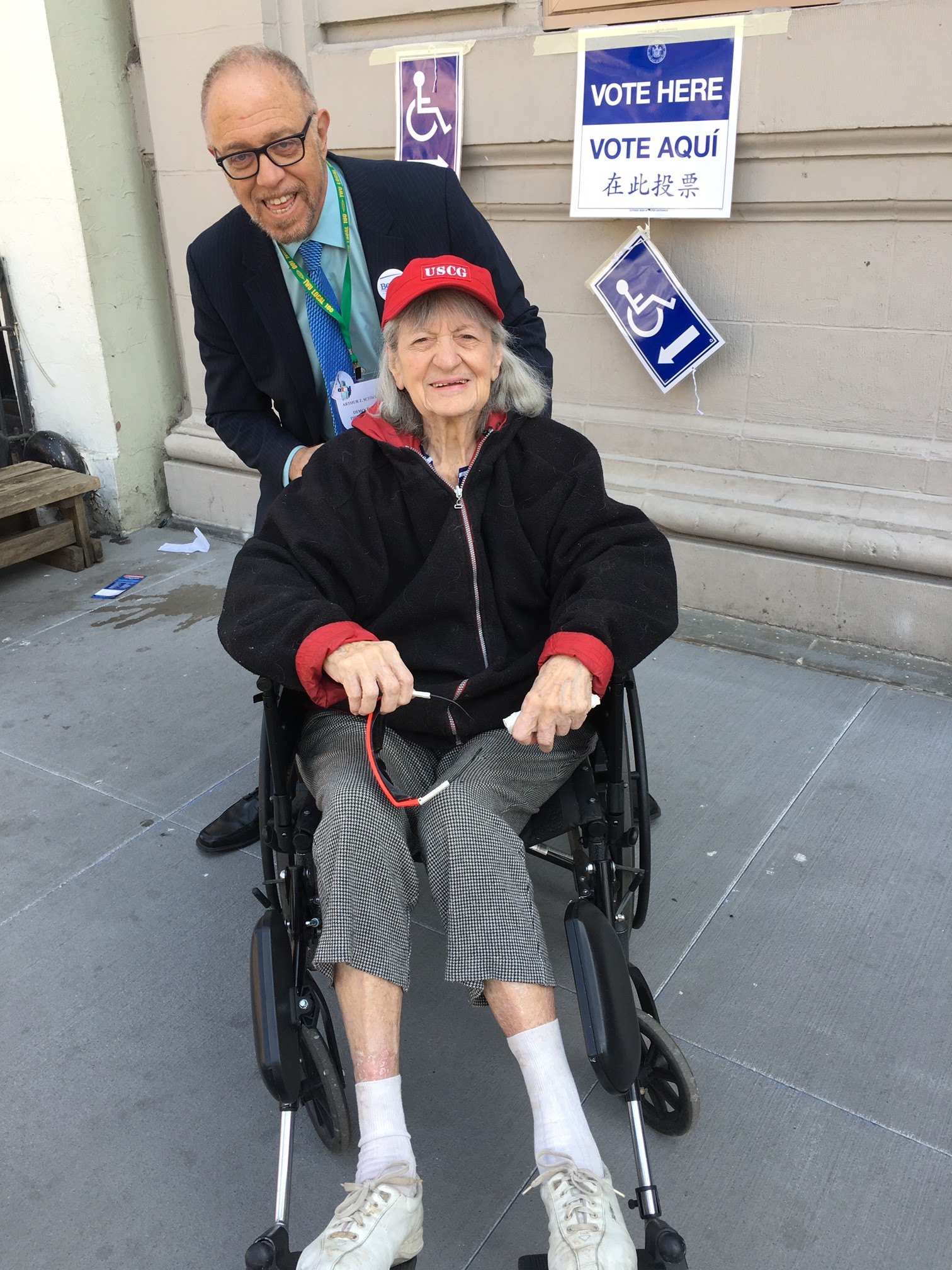 District Leader Arthur Schwartz taking Ruth Berk to vote at P.S. 3 on Hudson St. on Tuesday. Photo by Jacob Schwartz 