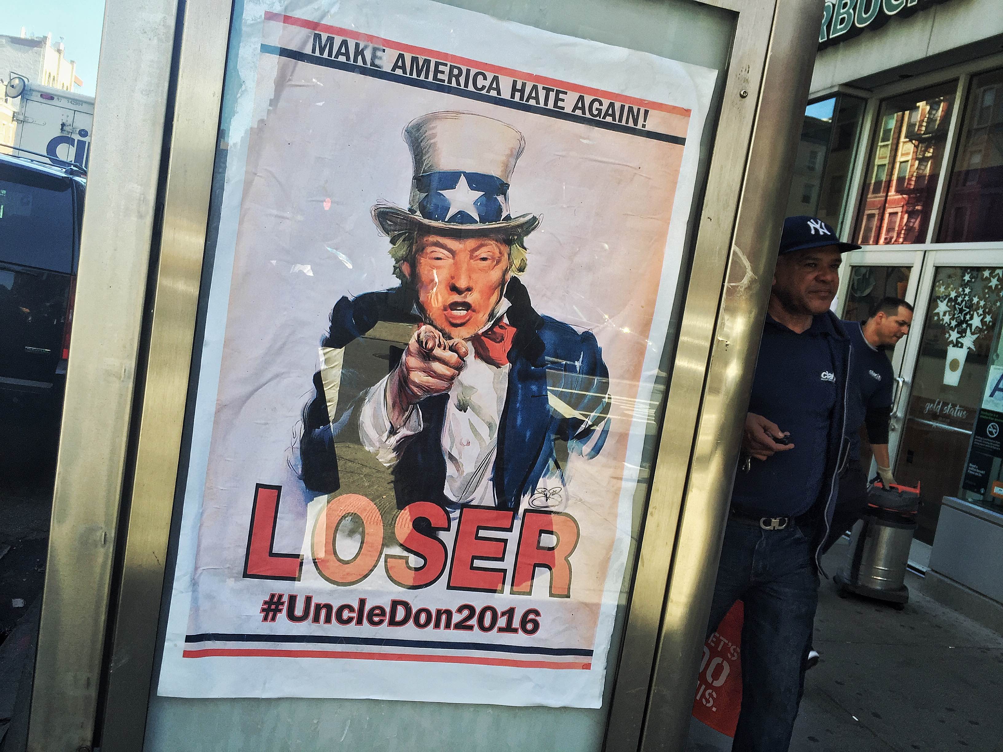 Up next? An anti-Donald Trump poster at Eighth Ave. at W. 16th St.  Photo by Milo Hess