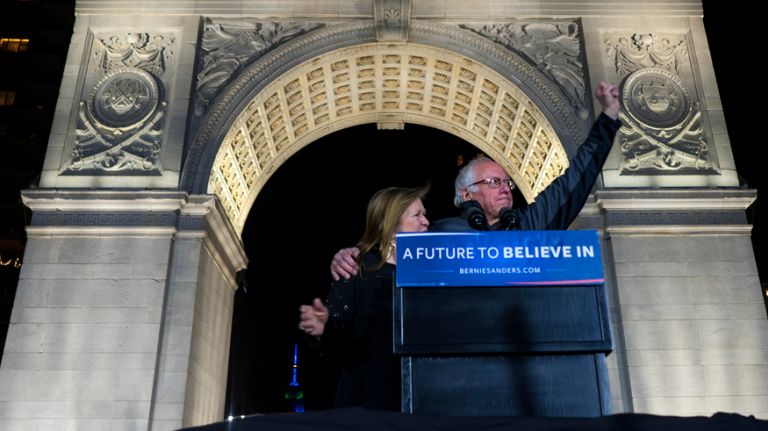 Bernie Sanders speaks to an estimated 27,000 people at a rally in Washington Square Park on April 13, 2016.