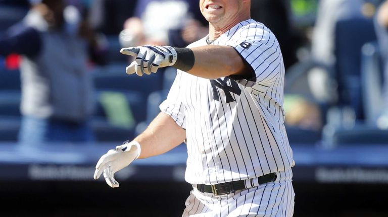 Yankees vs. Rays 79 Brett Gardner #11 of the New York Yankees reacts after his ninth inning game winning home run against the Tampa Bay Rays at Yankee Stadium on Saturday, April 23, 2016 in the Bronx Borough of New York City.