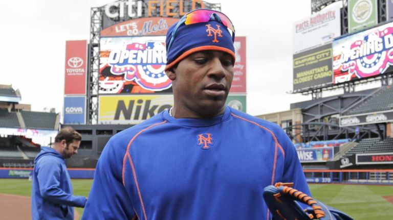 New York Mets leftfielder Yoenis Cespedes, No. 52, during batting practice before the Mets' home opener against the Philadelphia Phillies on Friday, April 8, 2016, at Citi Field.