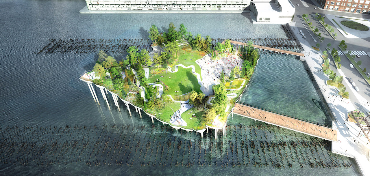 A design rendering showing an aerial view of the proposed Pier55 project, which will overlap old pile fields of Piers 54 and Pier 56. The new pier would be accessible by pedestrian bridges.