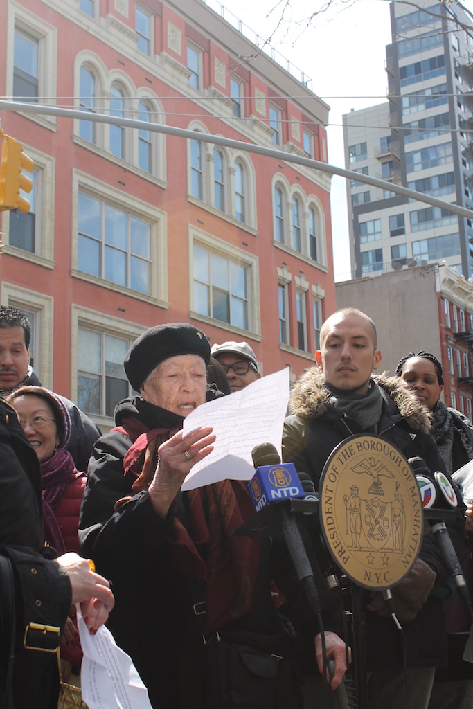Olga Colon has lived at 42 Rivington St., across from the former Rivington House, since 1946. For most of that time it was a public school. "We do not need more condominiums or luxury apartments because people are suffering," she said, reading her remarks.