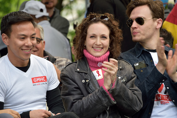 GMHC CEO Kelsey Louie with Tony-winner Bebe Neuwirth, now appearing on CBS’ “Madam Secretary,” and her TV co-star Erich Bergen. | DONNA ACETO 