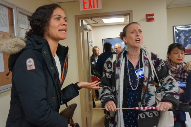 Angelica Thornhill, left, and Yvonne Gougelet protesting at the B.O.E. offices on Lower Broadway on Tuesday.