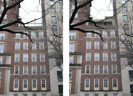 1143 Fifth Will Grow Taller – But By Much Less Than Feared 1 1143 Fifth Avenue as it currently looks (left0 from the Central Park perimeter wall across the street, and a rendering of how it will look with a two-story penthouse and an elevator bulkhead added on top. | DOMINICK R. PILLA & ASSOCIATES