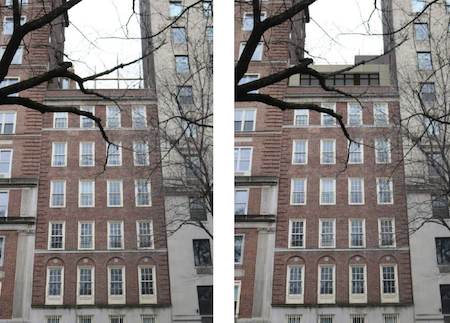 1143 Fifth Avenue as it currently looks (left0 from the Central Park perimeter wall across the street, and a rendering of how it will look with a two-story penthouse and an elevator bulkhead added on top. | DOMINICK R. PILLA & ASSOCIATES 