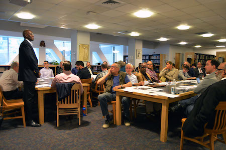 Ten New CB5 Members Dive In at May 12 Board Meeting 1 Dennie Beach introduces himself to his fellow CB5 members at the start of the board’s May 12 meeting. | JACKSON CHEN