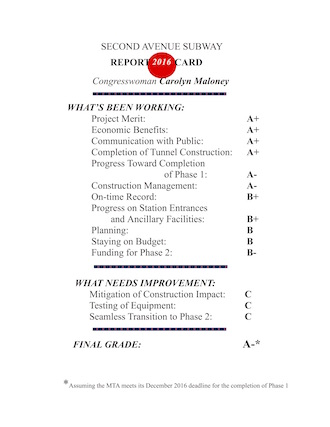 US Representative Carolyn Maloney at a May 16 press conference announcing her new report card on the Second Avenue Subway. | JACKSON CHEN 