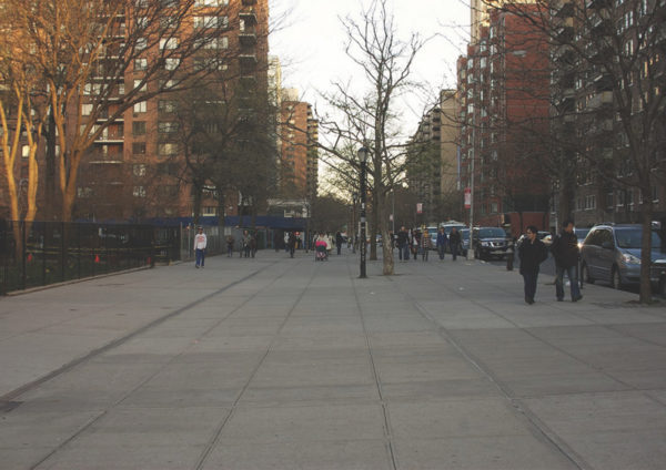 The north side of West 97th Street between Columbus and Amsterdam Avenues as it currently looks, with an unusually deep sidewalk measuring 50 feet. | FRIENDS OF STRYKER PARK 